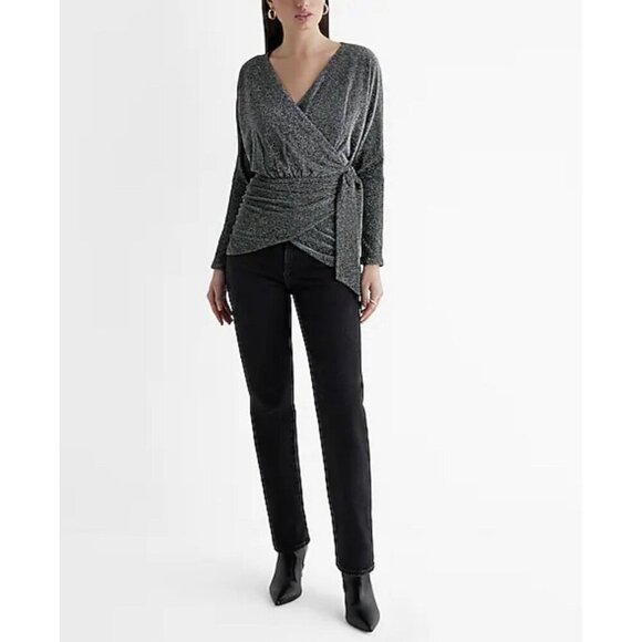 Express Womens Relaxed Metallic V-Neck Surplice Tie Waist Top Size S NWT $68 - Picture 2 of 16